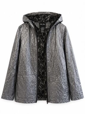 Me Jane Transparent Hooded Rain Jacket with Black Lace Lining – Size Large EUC